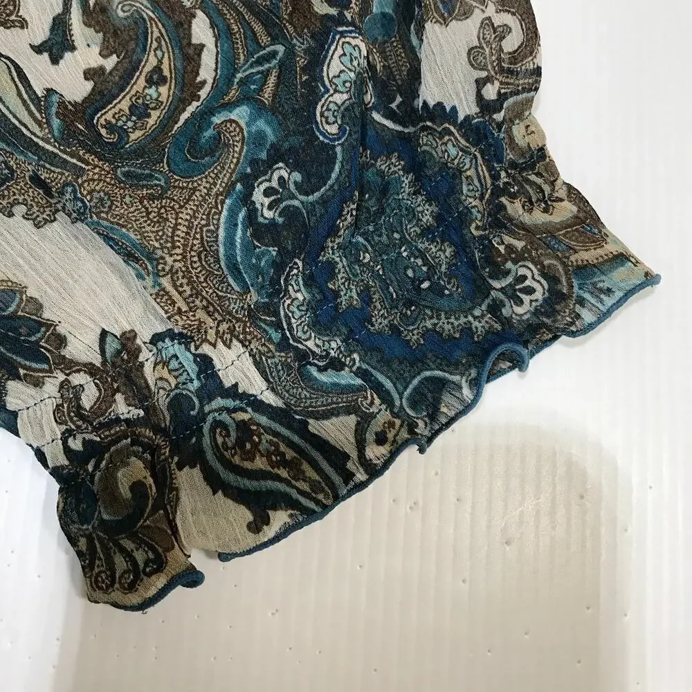 a.n.a. A New Approach Boho Blue Paisley Ruffle Semi Sheer Blouse M - Picture 6 of 9